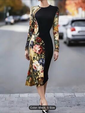 Designer Style Floral Panel Bodycon Midi Dress | S–M | Slimming Fit |Long Sleeve